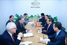 At the meeting between Prime Minister Pham Minh Chinh and President of Uruguay on the sidelines of the expanded BRICS summit in Rio de Janeiro on July 7 (local time). (Photo: VNA)