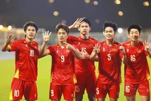 Vietnamese players celebrate the opener by Nguyen Quoc Viet (No. 9) at the third-place match against the RoK in the AFC U23 Asian Cup 2026. (Photo: VNA)