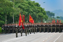 The People’s Public Security Force rehearsing for the military parade and march marking the 80th Anniversary of the August Revolution and National Day. (Photo: THE DAI)