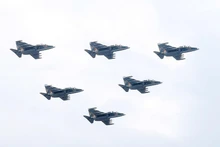The Yak-130 training aircraft echelon flies over Hanoi sky on the National Day. (Photo: VNA)