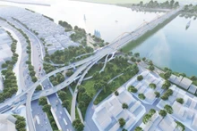 A graphic design of Tran Hung Dao Bridge spanning the Red River in Ha Noi.