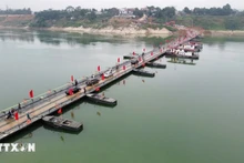 People and vehicles travel across the Lo river pontoon bridge on the morning of February 16. (Photo: VNA)