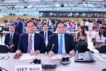 PM Pham Minh Chinh (right) and Deputy PM and Minister of Foreign Affairs Bui Thanh Son at the opening session of the third UN Ocean Conference in Nice, France, on June 9. (Photo: VNA)