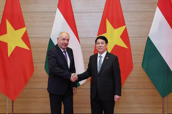Vietnamese President Luong Cuong (R) welcomes Hungarian President Sulyok Tamas at the banquet. (Photo: VNA)