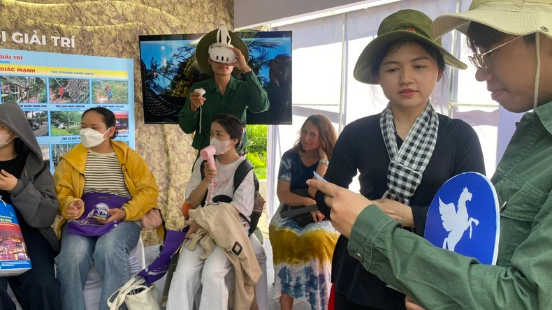 Visitors are seen interacting with smart tourism devices.