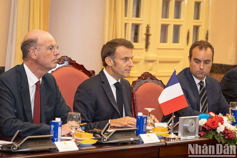 French President Emmanuel Macron speaking during the talks. French President Emmanuel Macron speaking during the talks.