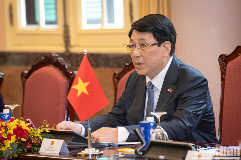 State President Luong Cuong speaking during the talks. State President Luong Cuong speaking during the talks.