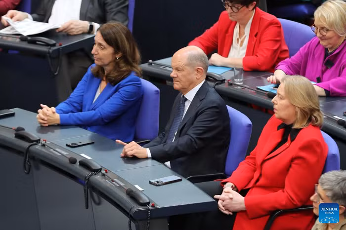 Olaf Scholz (C) attends the first gathering of the 21st Bundestag in Berlin, Germany, on March 25, 2025. German Chancellor Olaf Scholz and his cabinet were officially dismissed by President Frank-Walter Steinmeier on Tuesday afternoon. Scholz will remain as caretaker chancellor until a new government takes office. (Photo: Xinhua)