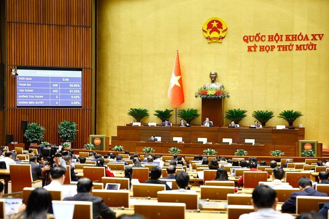 Deputies vote the adop the Law on amendments and supplements to several articles of the Law on Intellectual Property (Photo: VNA)