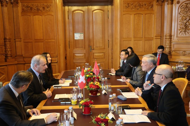 The meeting between Standing Deputy Prime Minister Nguyen Hoa Binh and President of the National Council of Switzerland Pierre-Andre Page on January 28 (Photo: VNA)