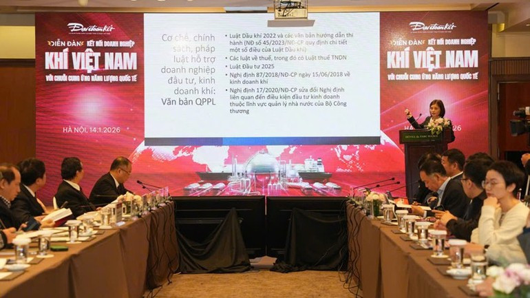 Nguyen Minh Thao, Deputy Head of the Department of Enterprise Development and Business Environment at the Institute for Strategy and Economic–Financial Policy (under the Ministry of Finance) makes a presentation at the conference.