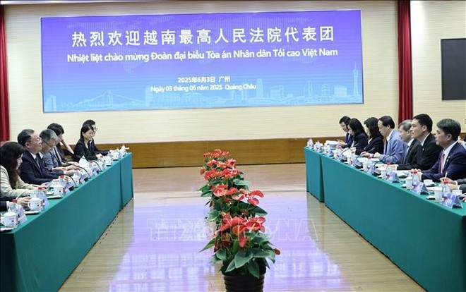The working session between the Vietnamese delegation and representatives of the Guangdong High People's Court. (Photo: VNA) The working session between the Vietnamese delegation and representatives of the Guangdong High People's Court. (Photo: VNA)