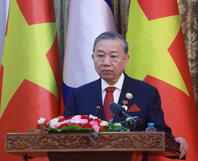 General Secretary of the Central Committee of the Communist Party of Viet Nam To Lam speaks at the ceremony in Vientiane (Photo: VNA)