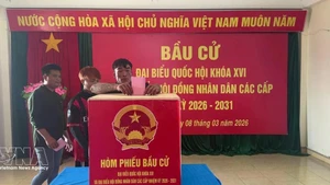 Fishermen cast their ballots at the Da Le polling station in Truong Sa special zone of Khanh Hoa province. (Photo: VNA)