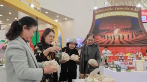 A wide range of attractively designed, locally distinctive products on display at Quang Ngai province’s booth at the Spring Fair 2026 is drawing large numbers of visitors and shoppers. (Photo: VNA)