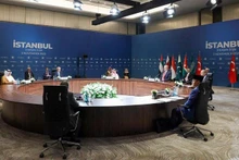 Foreign ministers from seven countries hold a meeting on Gaza ceasefire in Istanbul, Türkiye, Nov. 3, 2025. Foreign ministers from seven countries met in Istanbul on Monday to discuss efforts to uphold the Gaza ceasefire and plan for the enclave's future, as Israeli strikes continued despite the truce. Turkish Foreign Minister Hakan Fidan hosted his counterparts from the United Arab Emirates, Indonesia, Qatar, Pakistan, Saudi Arabia and Jordan. (Ministry of Foreign Affairs of Türkiye/Handout via Xinhua)