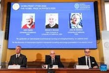 The 2025 Nobel Prize in Physics is announced in Stockholm, Sweden, Oct. 7, 2025. Three U.S.-based scientists, John Clarke, Michel H. Devoret and John M. Martinis, have been awarded the 2025 Nobel Prize in Physics for their discovery of macroscopic quantum mechanical tunnelling and energy quantisation in an electric circuit, the Royal Swedish Academy of Sciences announced on Tuesday. (Photo: Xinhua)