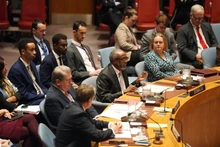 Somali UN ambassador Abukar Dahir Osman (C, front) speaks at an emergency meeting of the Security Council at the UN headquarters in New York, on Dec. 29, 2025. The three African members of the Security Council -- Algeria, Sierra Leone, and Somalia -- along with Guyana, collectively known as A3+, on Monday strongly condemned Israel's recognition of Somaliland as a sovereign state. (Photo: Xinhua)