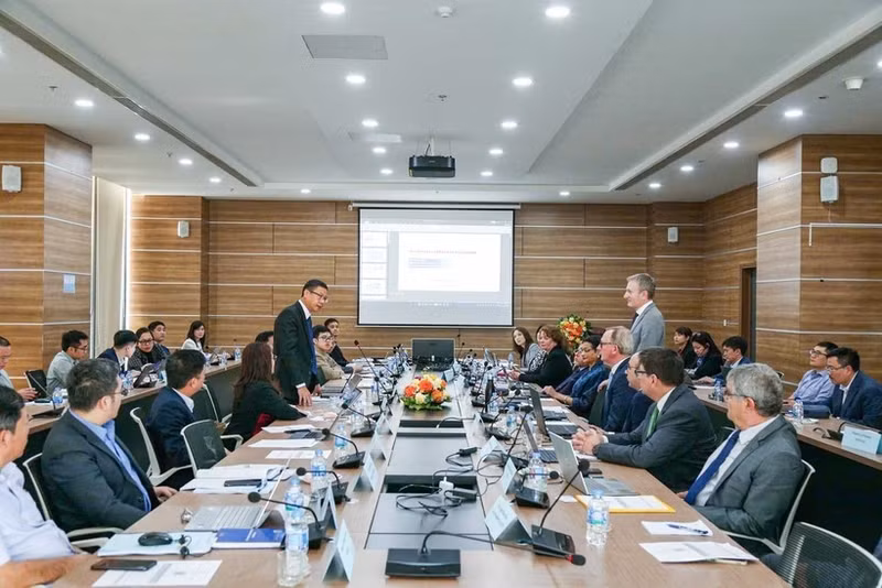 Deputy Minister of Science and Technology Le Xuan Dinh (standing, left) speaks at the working session with INIR Mission in Ha Noi on December 1. (Photo: VNA)