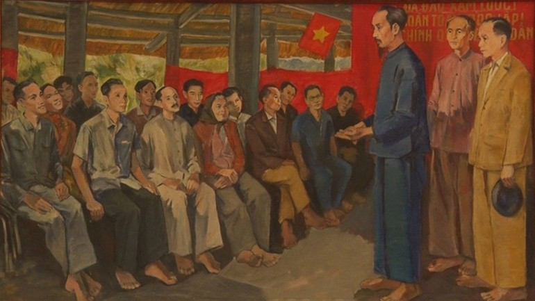 President Ho Chi Minh speaking with delegates of the Congress of People’s Representatives at Tan Trao Communal House. (Oil painting by Cao Thuong)