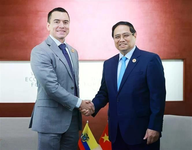 Prime Minister Pham Minh Chinh (R) meets with Ecuadorian President Daniel Noboa on the sidelines of the 16th Annual Meeting of the New Champions of the World Economic Forum (WEF) in Tianjin city, China, June 25, 2025. (Photo: VNA)