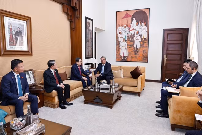 The meeting between NA Chairman Tran Thanh Man and Moroccan Prime Minister Aziz Akhannouch meet in Rabat on July 25. (Photo: VNA)