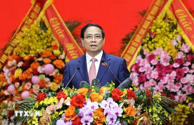 Politburo member, Secretary of the Government Party Committee, PM Pham Minh Chinh delivers the opening speech at the congress. (Photo: VNA)