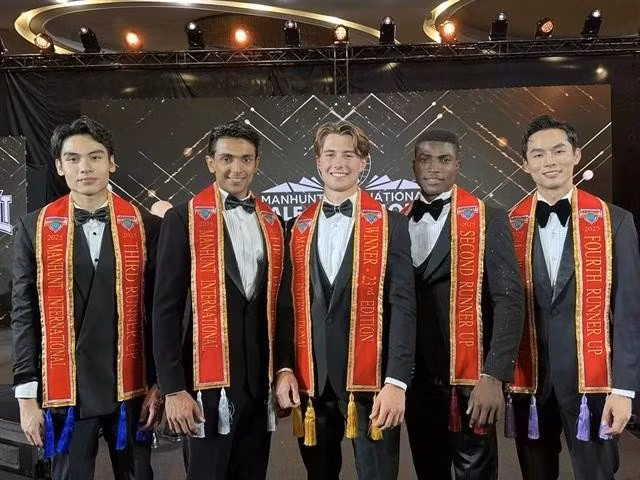 The top five at the Manhunt International 2025 competition. A French contestant (centre) won the pageant, while Vietnamese representative Nguyen Vu Linh (right) was the fourth runner-up. (Photo: Courtesy of Manhunt International 2025)