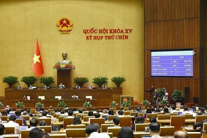 The legislature adopts the resolution on VAT reduction with 452 deputies present voting in favour, accounting for 94.56% of the total. (Photo: VNA)