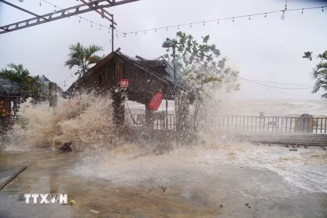 Strong waves hit the Cua Hien coastal tourism site in An Chau commune, Nghe An province, as Typhoon Kajiki rolls into the northern part of central Viet Nam on late August 25 afternoon. (Photo: VNA)