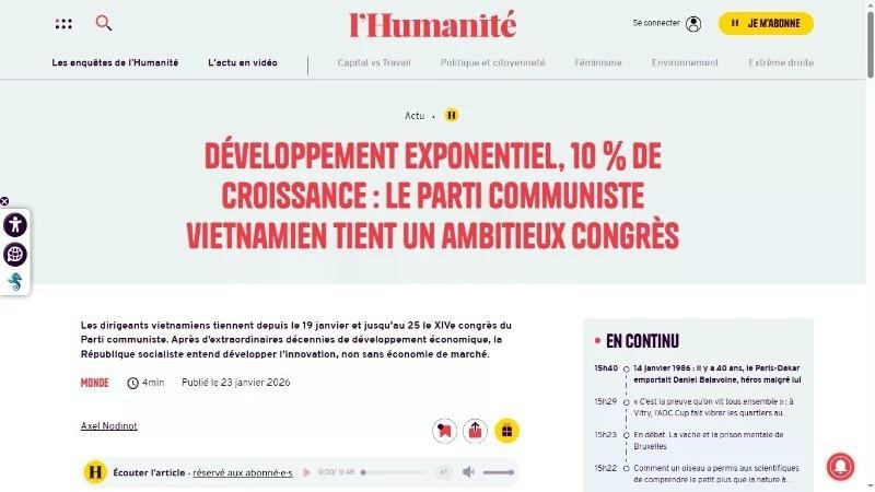 L’Humanité newspaper highlights the targets set by the 14th National Congress of the Communist Party of Viet Nam, including achieving an average GDP growth rate of 10% per year or higher.