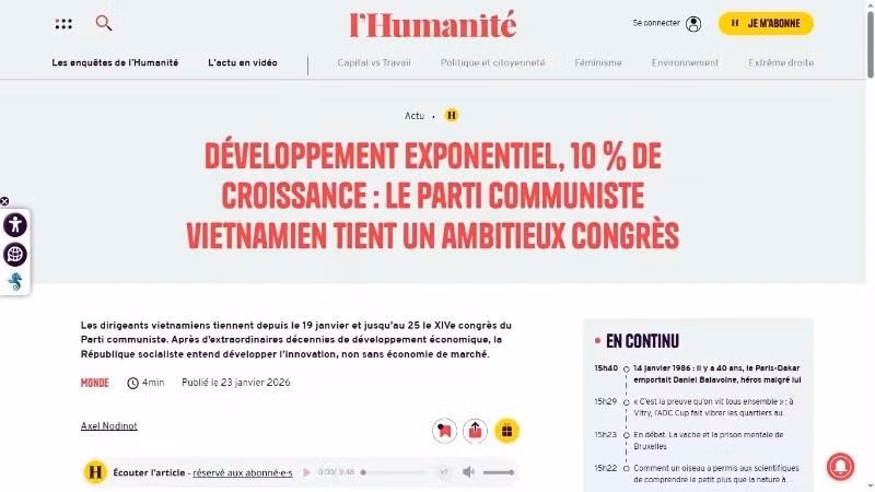 L’Humanité newspaper highlights the targets set by the 14th National Congress of the Communist Party of Viet Nam, including achieving an average GDP growth rate of 10% per year or higher.