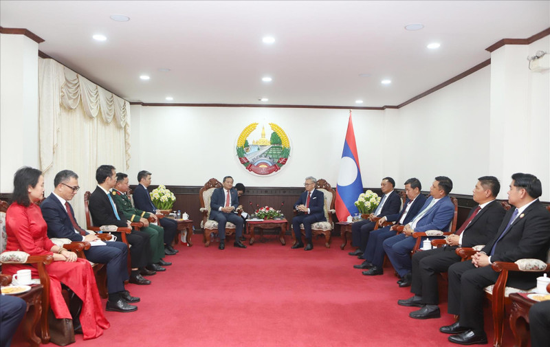Lao Deputy Prime Minister and Minister of Foreign Affairs Thongsavan Phomvihane and Vietnamese Ambassador to Laos Nguyen Minh Tam at their meeting on March 23 (Photo: VNA)