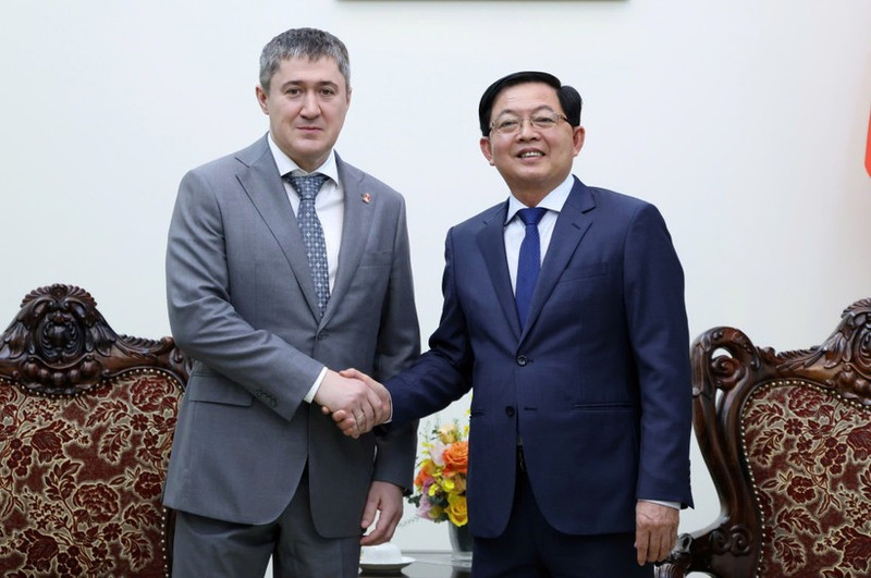 Deputy PM Ho Quoc Dung (R) and Governor of Perm Krai Dmitry Makhonin at their meeting in Ha Noi on March 24 (Photo: chinhphu.vn)