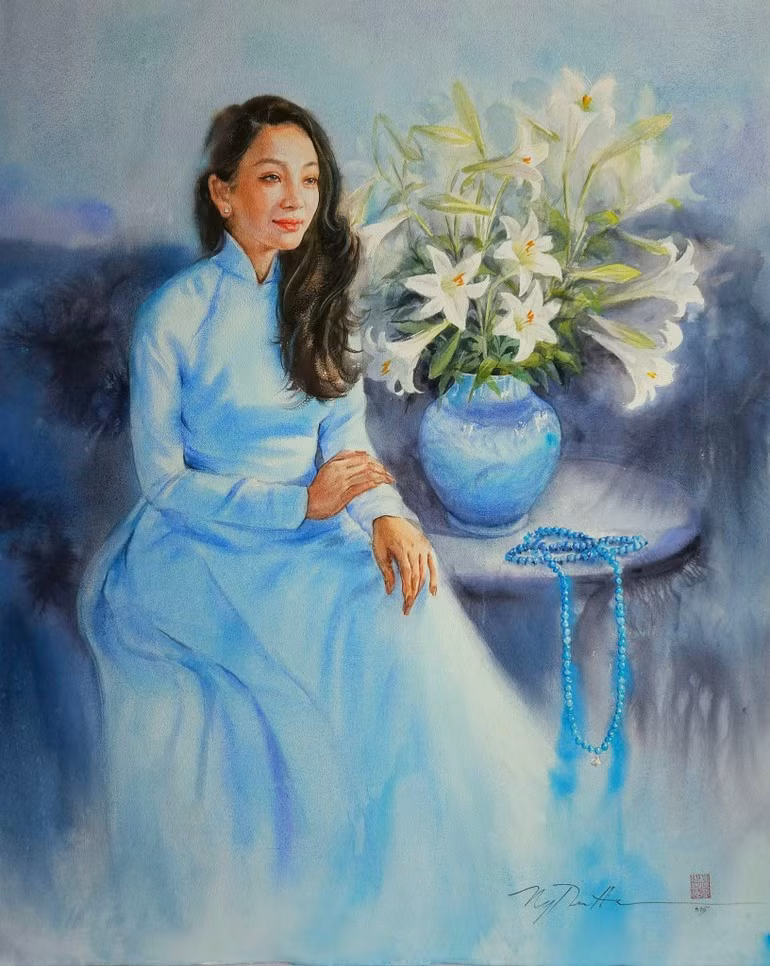 A gentle moment beside lily flowers.