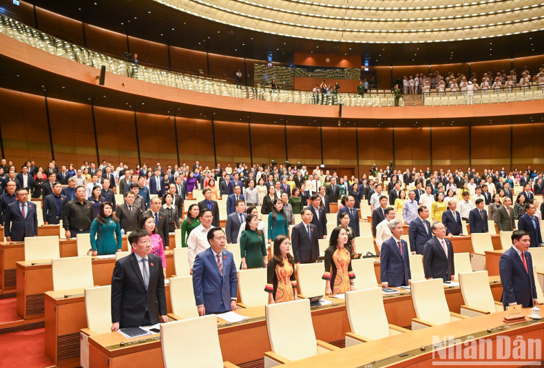 Delegates salute the flag before the meeting.