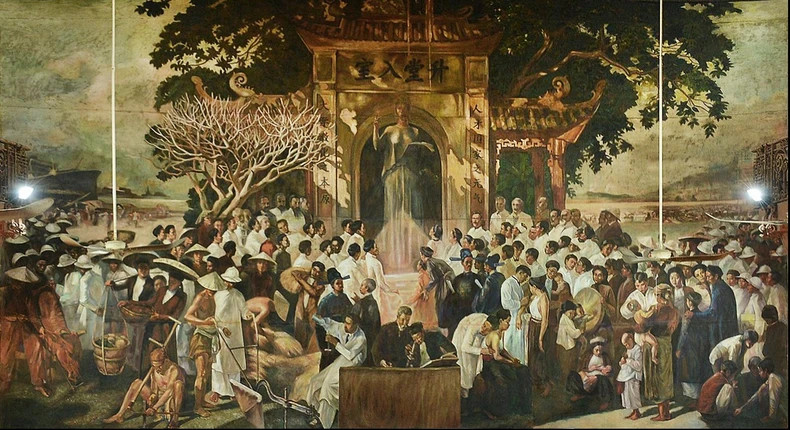 A special mural in the lecture hall of Hanoi National University.