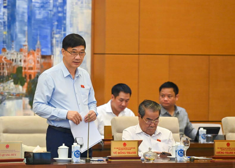Chairman of the NA’s Economic Committee Vu Hong Thanh gives comments on the draft law.