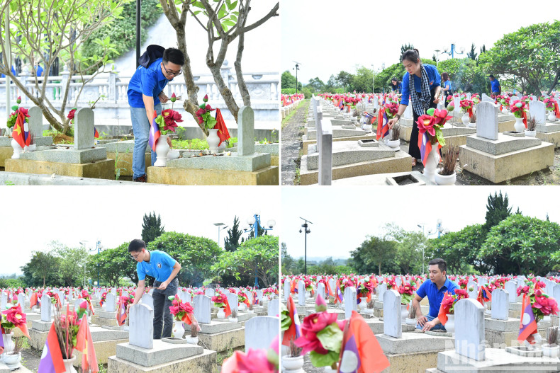 The delegation offering incense to commemorate officers, volunteer soldiers and military experts who died at the Vietnam-Laos International Martyrs' Cemetery.