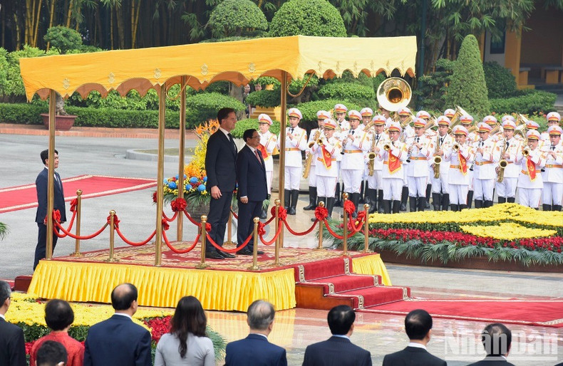 [In Pictures] PM Pham Minh Chinh chairs welcome ceremony for Dutch PM Mark Rutte ảnh 4