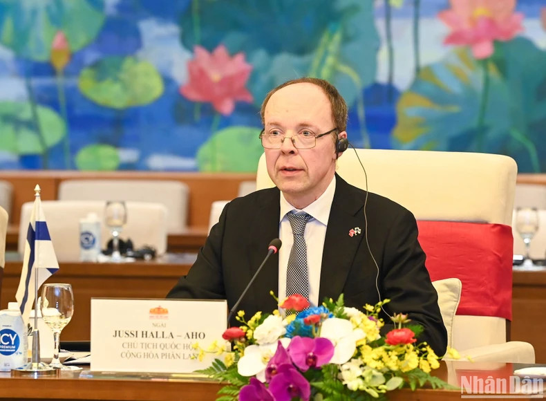 Speaker of the Parliament of Finland, Jussi Halla-aho, speaks at the meeting.
