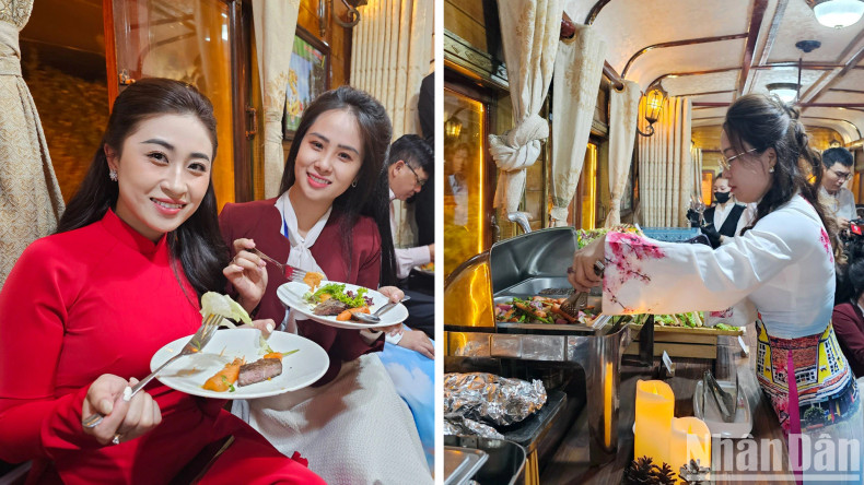 On the nearly 7km route, tourists can enjoy not only the night-time scenery of Da Lat but also novel services, such as a buffet and live music on the two carriages, featuring both classical and modern designs.