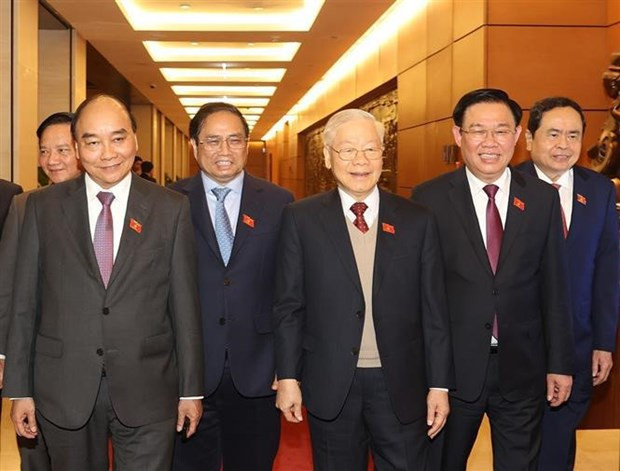 The closing session is attended by Party General Secretary Nguyen Phu Trong, former Party General Secretary Nong Duc Manh, President Nguyen Xuan Phuc, Prime Minister Pham Minh Chinh and former NA Chairwoman Nguyen Thi Kim Ngan, among others. (Photo: VNA) The closing session is attended by Party General Secretary Nguyen Phu Trong, former Party General Secretary Nong Duc Manh, President Nguyen Xuan Phuc, Prime Minister Pham Minh Chinh and former NA Chairwoman Nguyen Thi Kim Ngan, among others. (Photo: VNA)