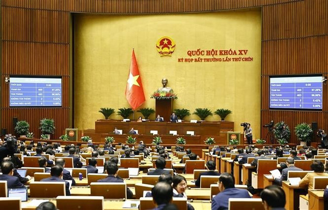 National Assembly deputies vote to approve the amended Law on Government Organisation (Photo: VNA)