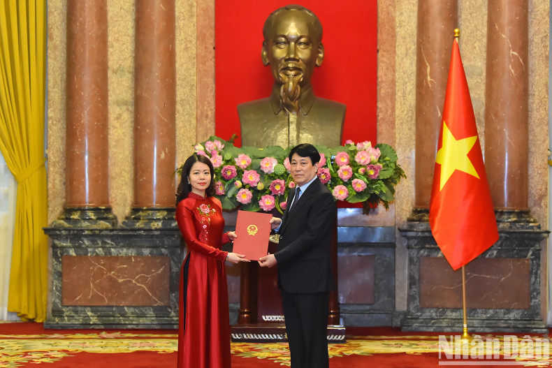 President Luong Cuong presents the Decision on conferring the title of Ambassador of the Socialist Republic of Vietnam, Level II, to Deputy Minister of Foreign Affairs Nguyen Minh Hang.