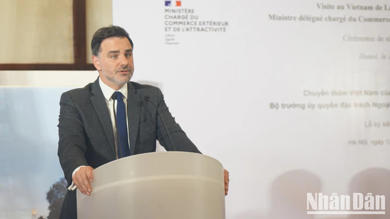 Minister Delegate for Foreign Trade and French Nationals Abroad Laurent Saint-Martin speaking. (Photo: TRUNG HUNG)