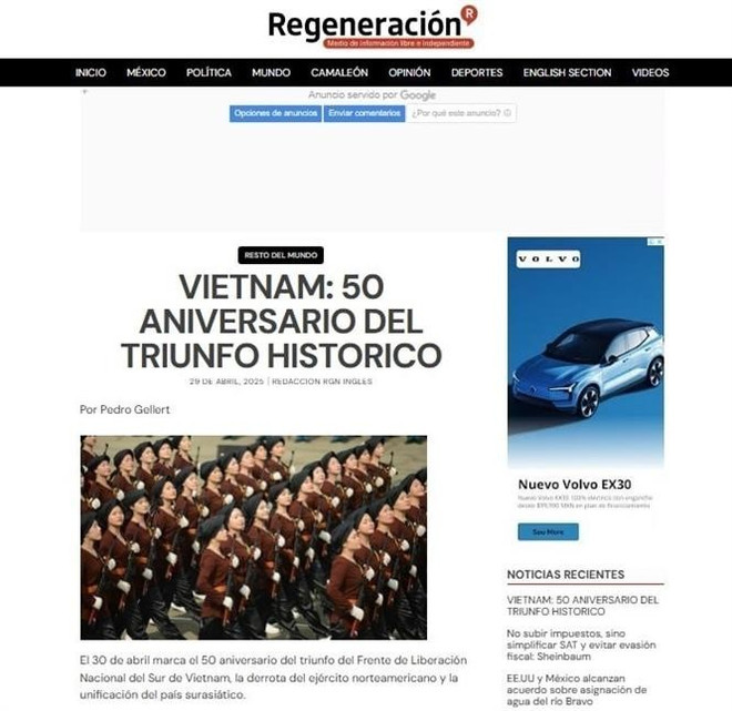 Regeneración runs a story about Vietnam’s April 30 victory (Source: Screenshot) Regeneración runs a story about Vietnam’s April 30 victory (Source: Screenshot)