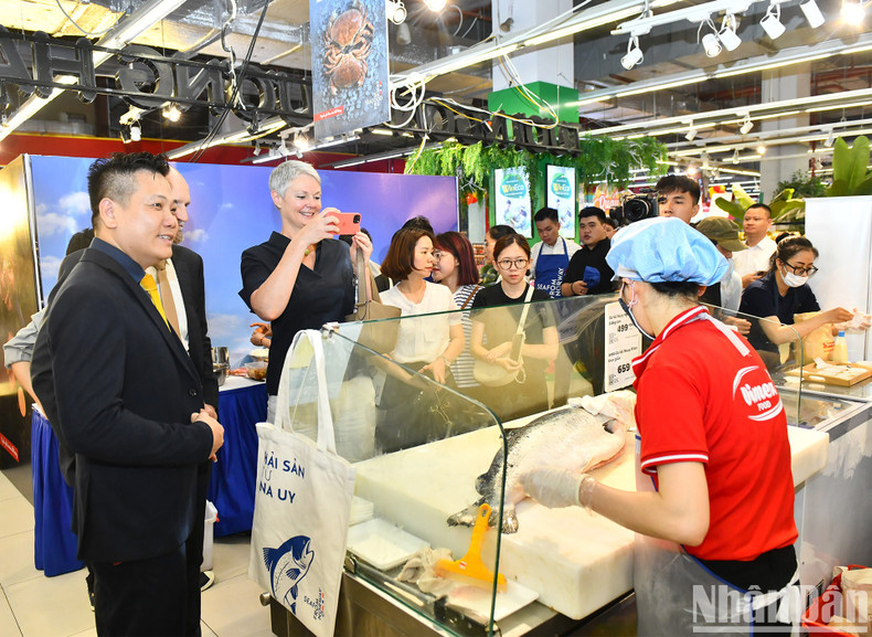 Norwegian Ambassador Hilde Solbakken visited and took photos of a booth introducing Norwegian salmon products at a WinMart supermarket. Norwegian Ambassador Hilde Solbakken visited and took photos of a booth introducing Norwegian salmon products at a WinMart supermarket.