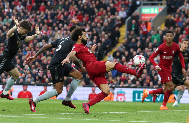 Liverpool's Mohamed Salah in action with Arsenal's Gabriel Premier League - Liverpool v Arsenal - Anfield, Liverpool, the UK - April 9, 2023. (Photo: Reuters)