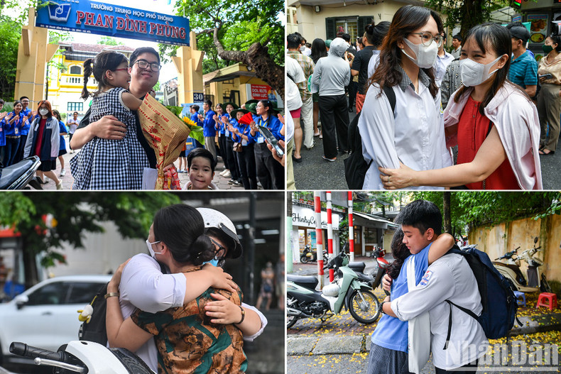 Candidates hug in relief with their relatives after finishing the exam. Candidates hug in relief with their relatives after finishing the exam.